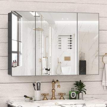40 x 28 Farmhouse Medicine Cabinet, Tempered Frameless Bathroom Mirror with Storage, Black Recessed or Surface Mount