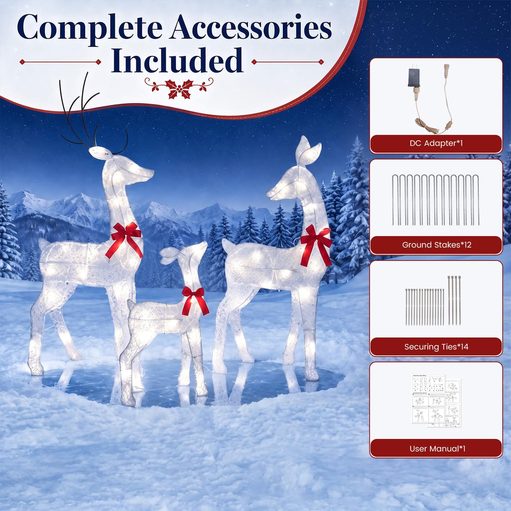34IN 3-Piece 2.5D Lighted Christmas Deer Family Outdoor Decorations, White Pre-Lit Reindeer Set with 45 Lights