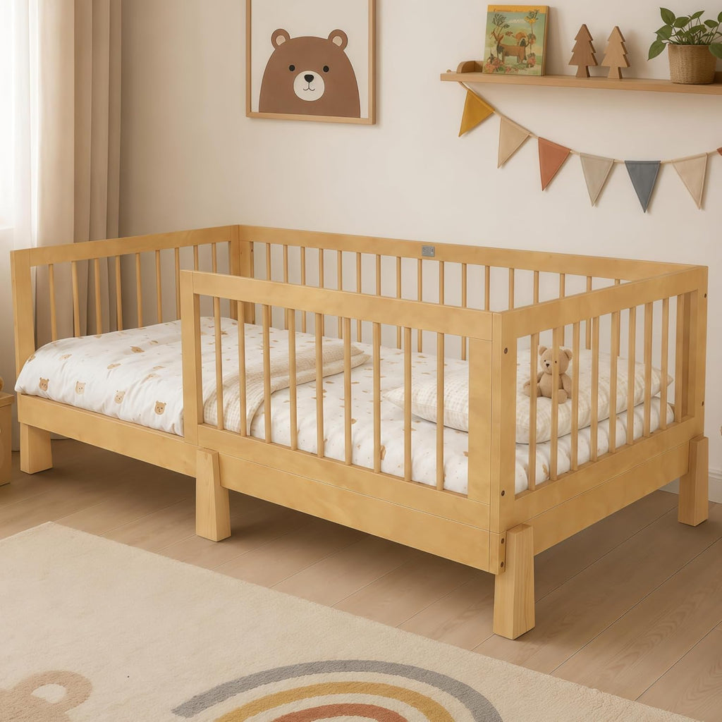 Montessori Floor Bed with Guardrails for Kids, Natural
