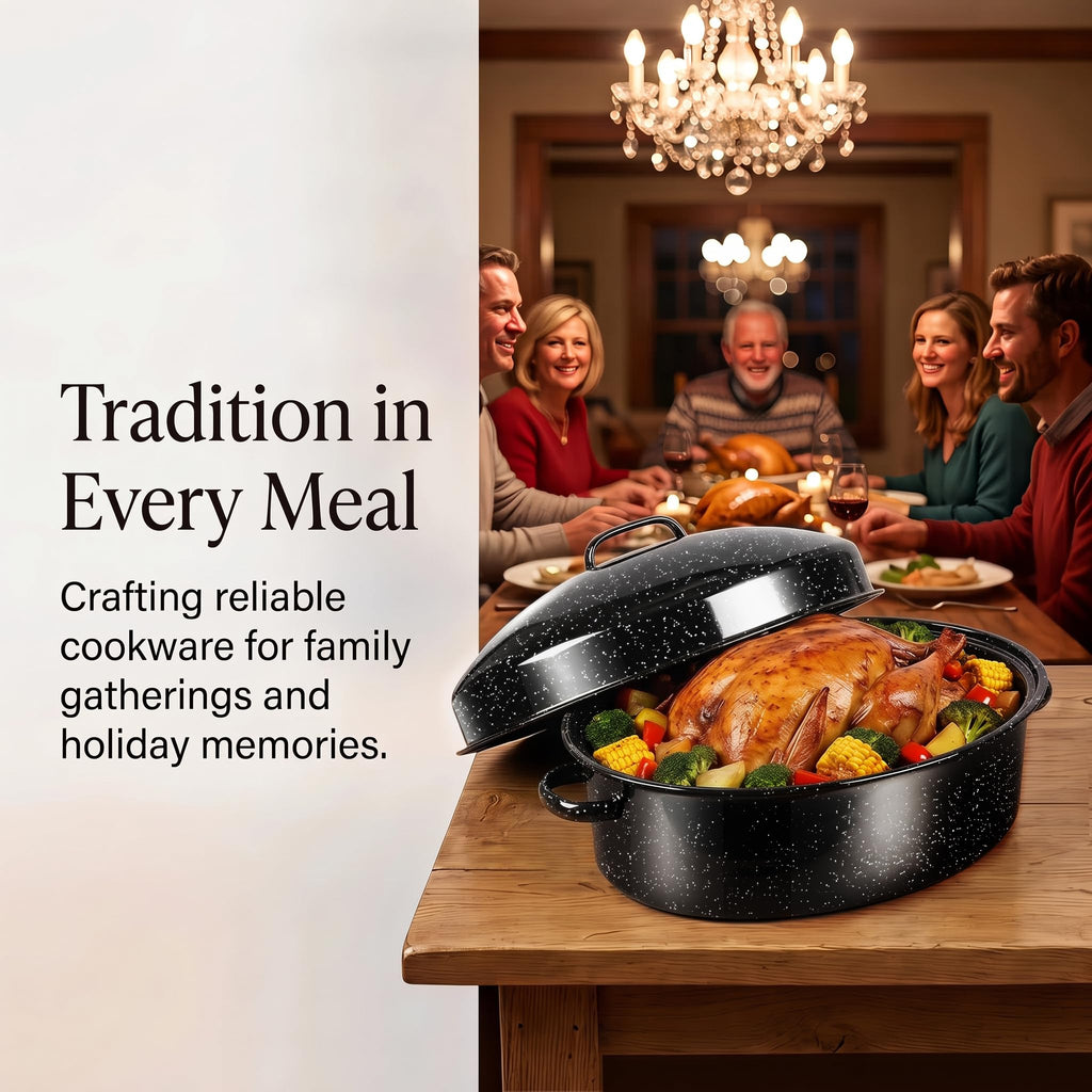 19.3" Enamel Roasting Pan with Lid & Rack Oval Turkey Roaster Pan