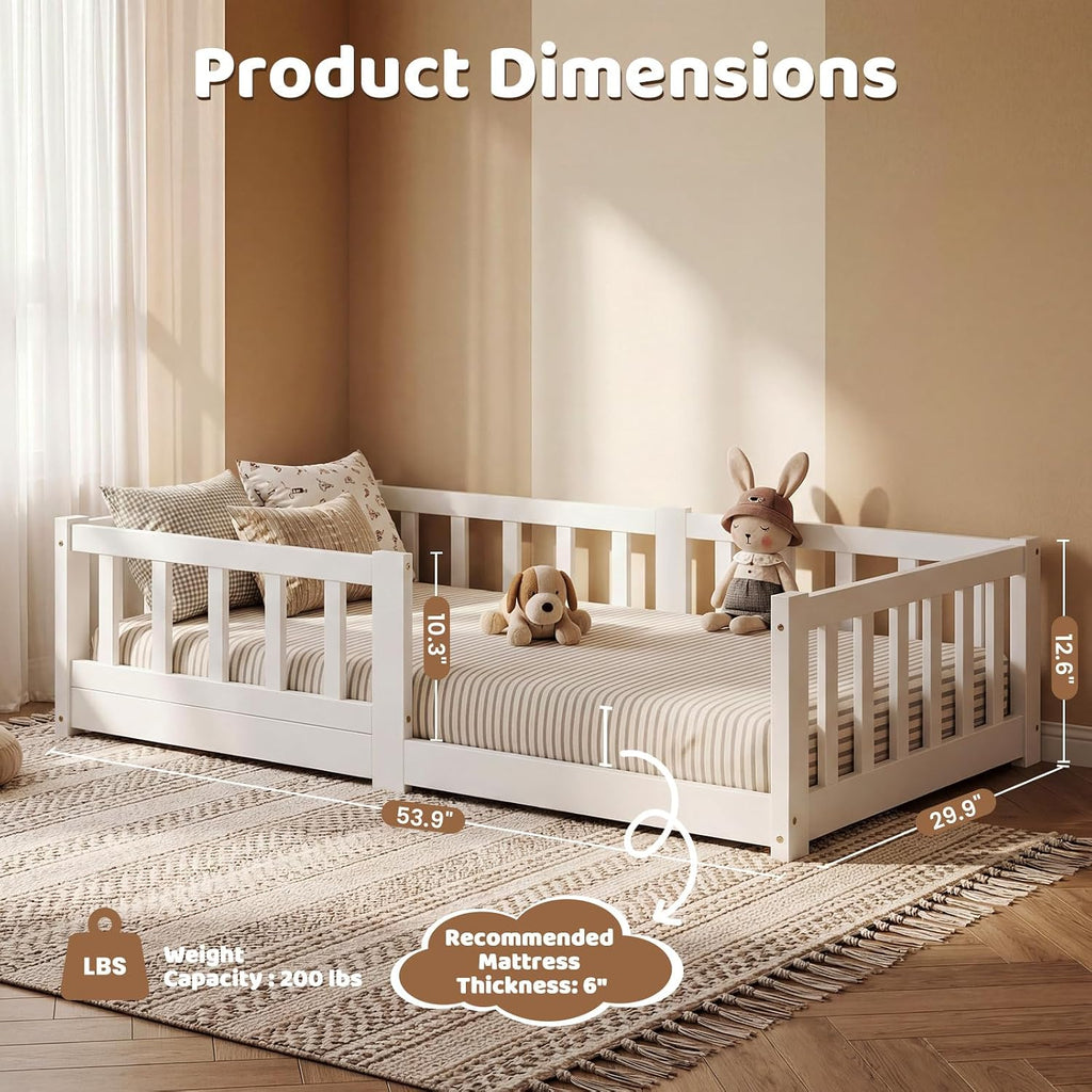 Toddler Bed, Toddler Floor Bed with Safety Guardrails, Wood Montessori House Bed with Roof, Low Toddler Bed Frame