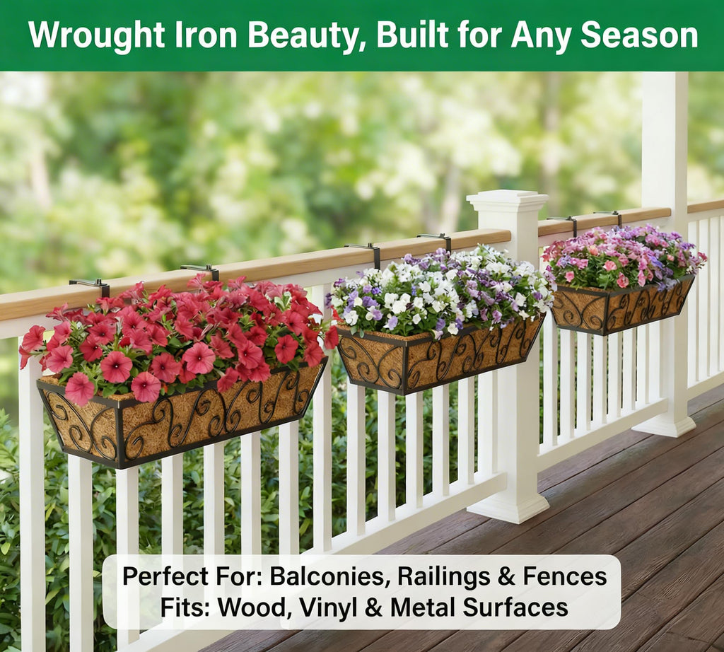 30x7 Inch Black Outdoor Rectangular Window Box Planter - Rust Resistant Steel, Plastic Coated - Perfect for Railings