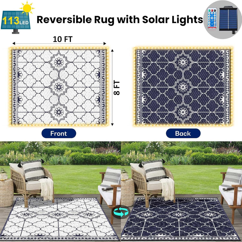 Lighted Outdoor Rug 8x10 ft, Solar Powered Patio Rug with 113 LED Lights, Waterproof Plastic Reversible Outdoor Straw