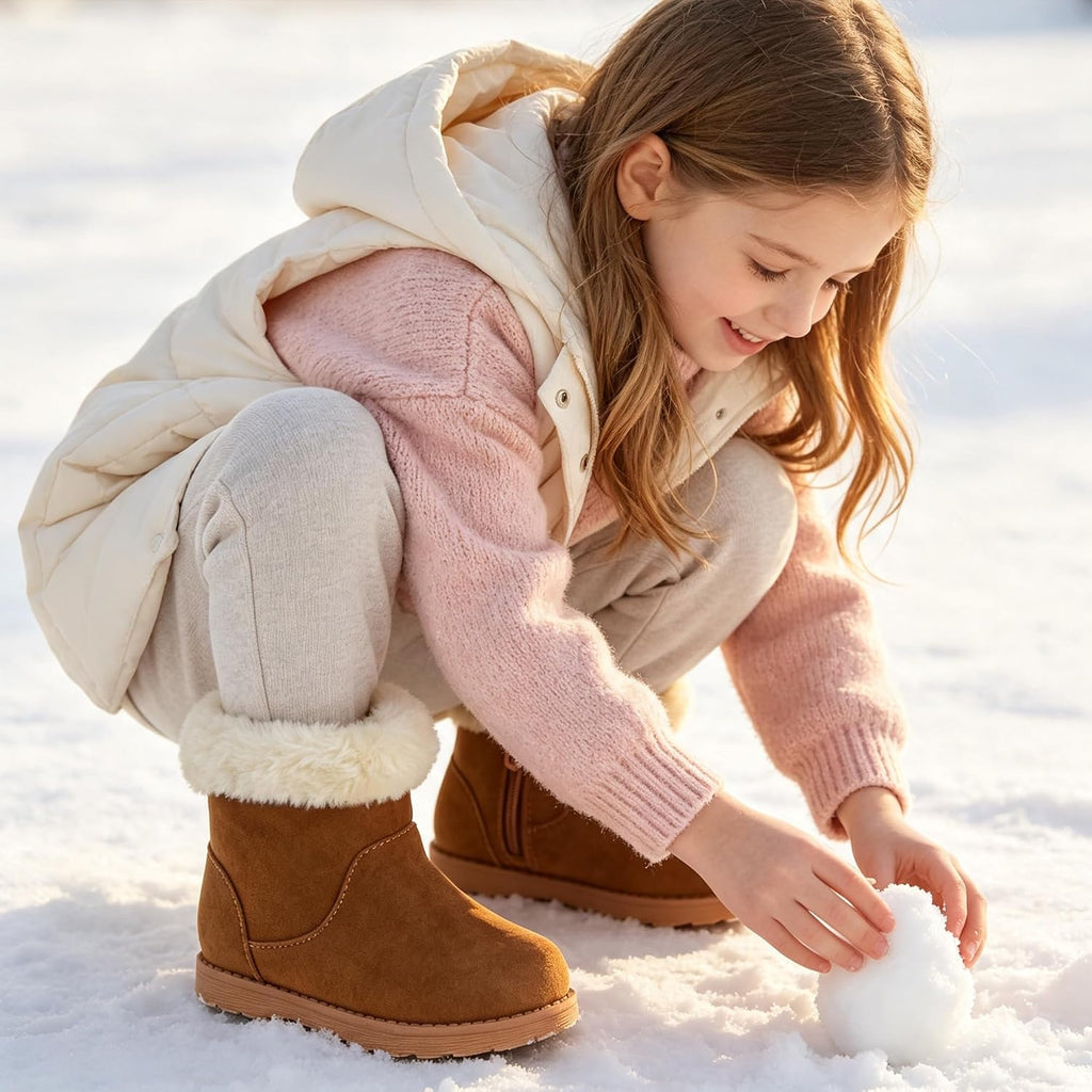 Girls-Boots-Warm-Ankle-Winter-Boots Kids Soft Plush Lining Fur Collar with Zipper Snow Bootie Indoor Outdoor Shoes