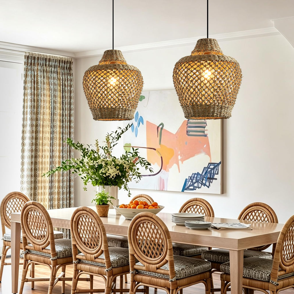 Rattan Pendant Light 11.8" Seagrass Hanging Light 2-Pack
