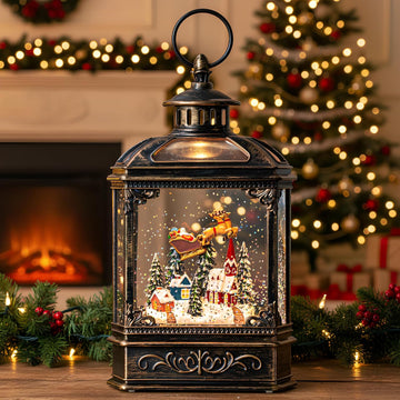 Christmas Snow Globe Swirling Glittering Lantern Santa Flying with Reindeer, USB Lined/Battery Operated Lighted Water