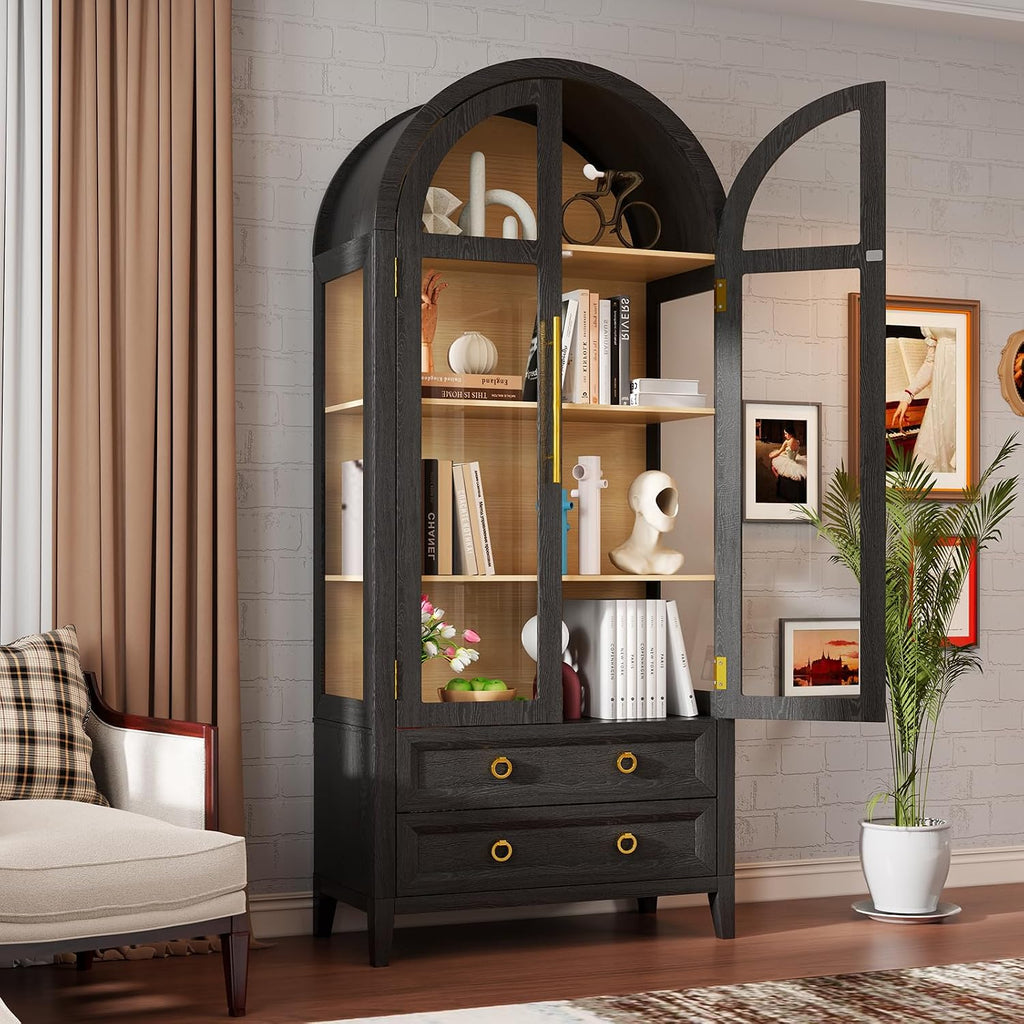 Arched Curio Cabinet with Glass Doors, 4-Tier Display Cabinet with 2 Drawers, Tall Bookcase with 3 Color Lights