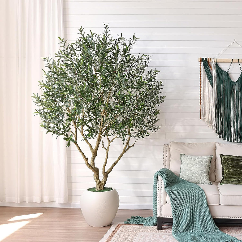 8ft Artificial Olive Tree, Natural Wood Trunk, 18in Planter