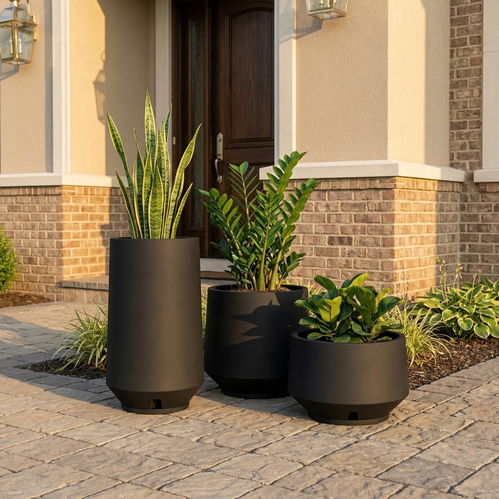 Berlin Set of 3 Planters, Indoor Outdoor Plant Pots with Drainage Hole and Saucer, Modern Planters , Porch, Entryway