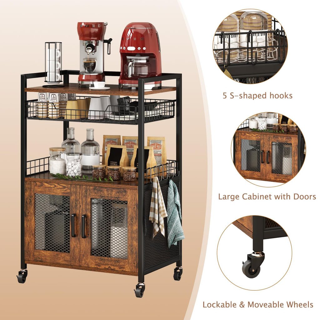 Coffee Bar Cabinet, 3 Tier Coffee Station Table on Wheels, 35.9" H Bar Cart with Wire Basket Drawer & 5 Hooks