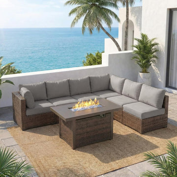 7 Piece Patio Furniture Set with 42" Fire Pit Table Outdoor Sectional Conversation Sofa Set with Comfortable Cushions