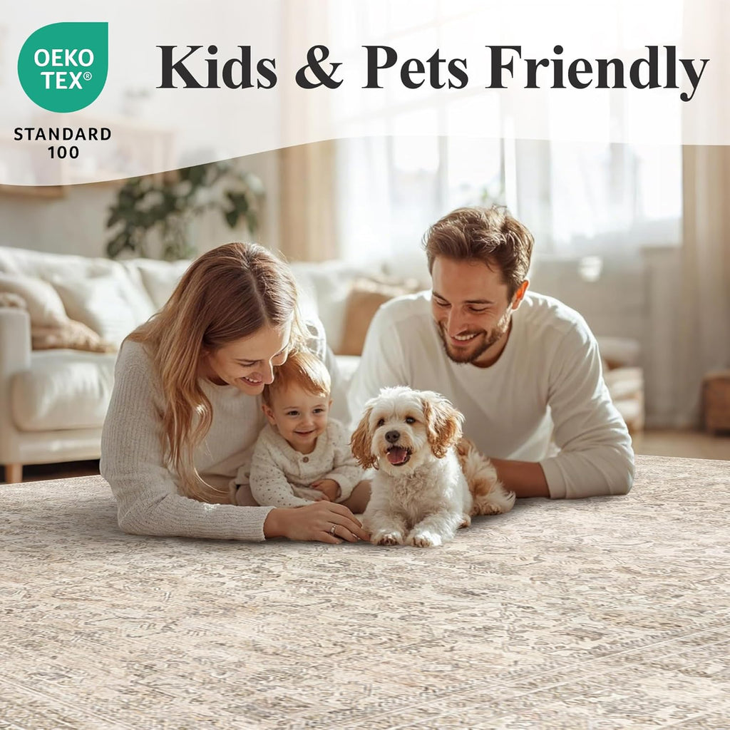 3x5 Beige Area Rug Washable Vintage Neutral Non Slip Distressed Entryway Rugs, Soft Low Pile Retro F