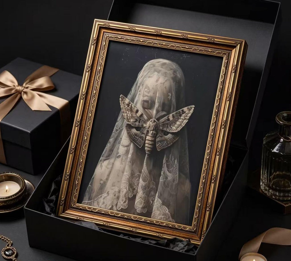 Vintage Gold Framed Death Moth Veiled Woman Wall Art, Gothic Surreal Canvas Print, Dark Academia Victorian Witchy