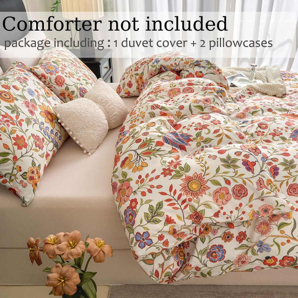 Floral Duvet Cover Set Queen Size 100% Percale Cotton Boho Comforter Cover with Zipper, Soft Breathable, 3Pcs-Not