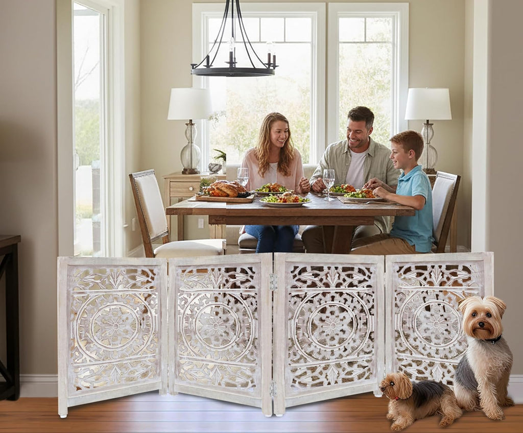 Wooden Foldable Pet Dog Gate - Hand Carved 4-Panel 80 W x 24 H