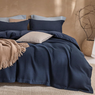 3Pcs Navy Blue Waffle Cotton Duvet Cover Set Super 98x90