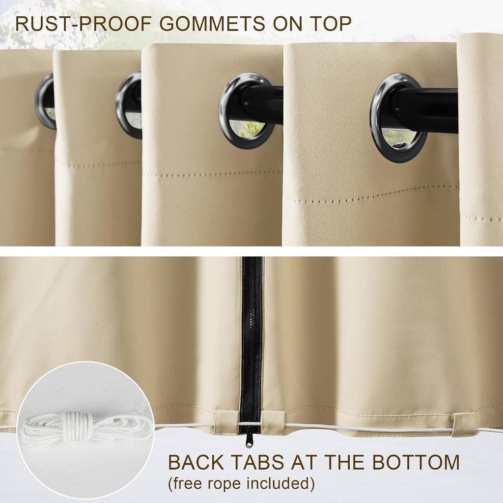 Fade-Resistant Outdoor Curtains Waterproof with Zipper | Zipper Back Tab,Windproof Sun Blocking Thermal Insulated for