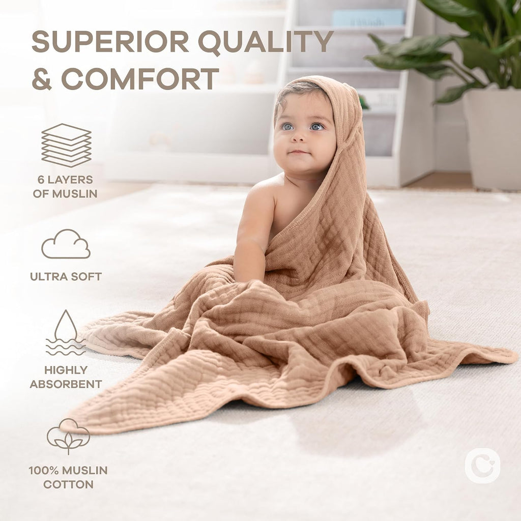 Hooded Baby Towel Pack, Large 32 x 32 Inch - 6 Layer 100% Muslin Cotton for Babies, Toddlers, Kids - Soft &