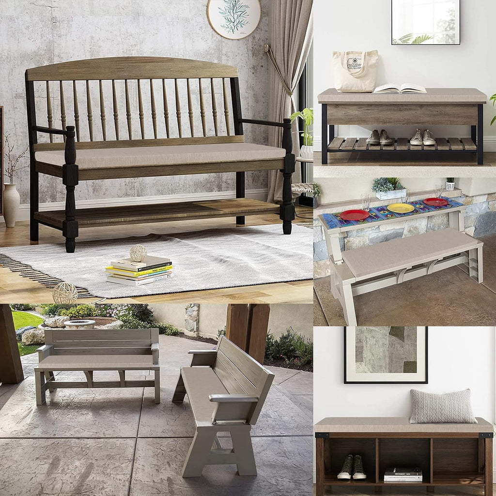 48 Inch Classic Solid Color Bench Cushion with Ties, Non-Slip Indoor Outdoor Rectangle Bench Seat Cushion Standard