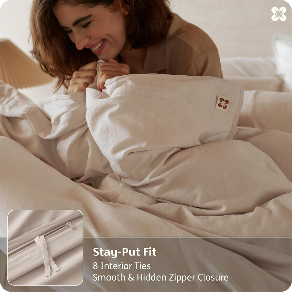 100% Organic Cotton Queen Duvet Cover Set, Linen, 90" 90" | GOTS Certified, Luxury PureWoven, Zipper Closure