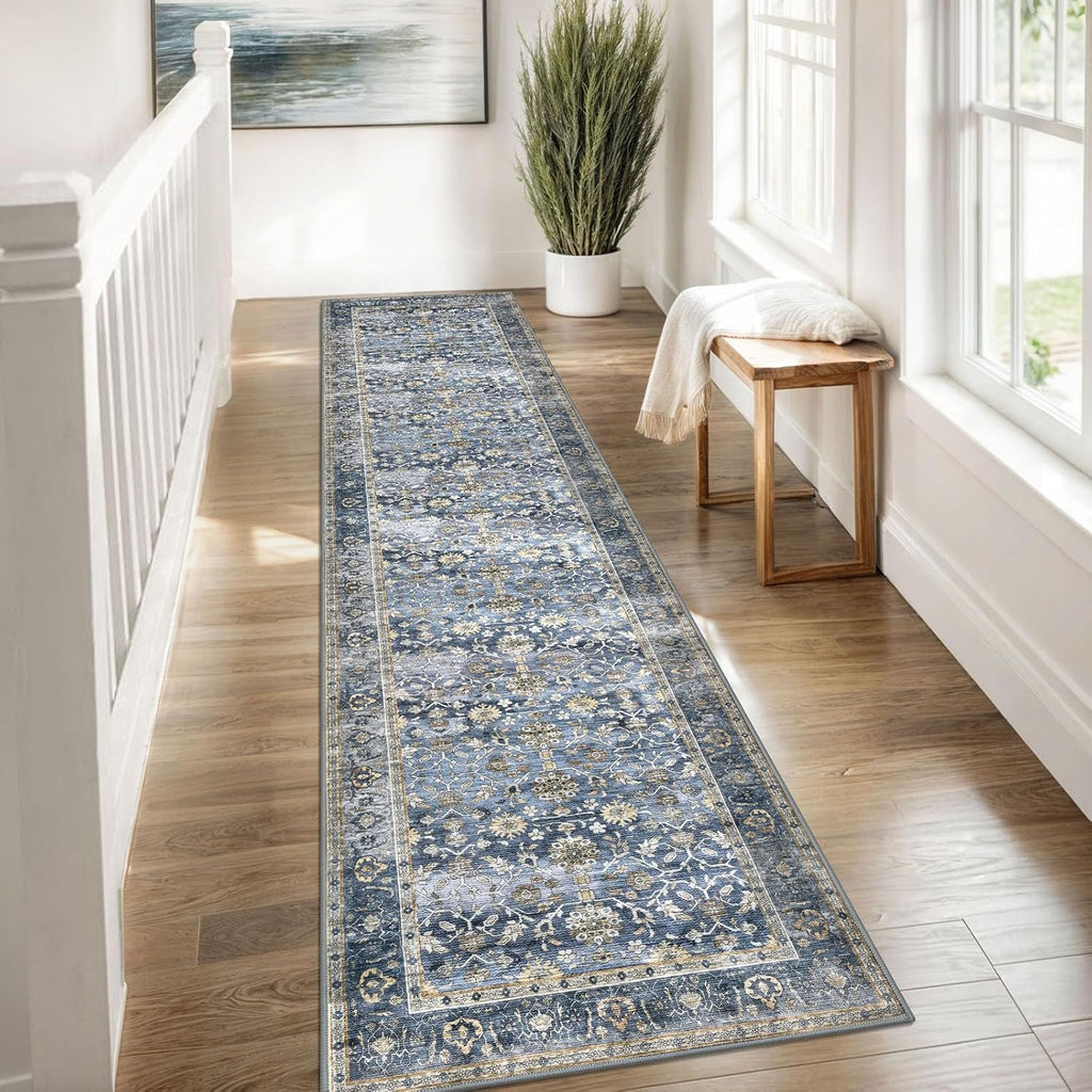 Vintage Washable Runner Rug, 2x8 Blue Grey Beige Runners