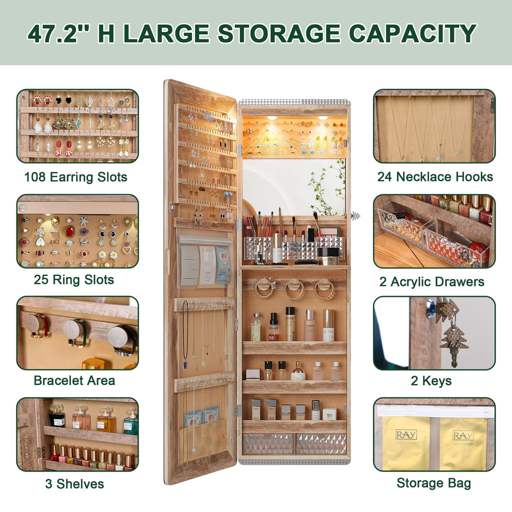 Over the Door Jewelry Organizer with LED Lights, 47.2" Full Length Mirror with Storage, Wall Mounted Jewelry Armoire