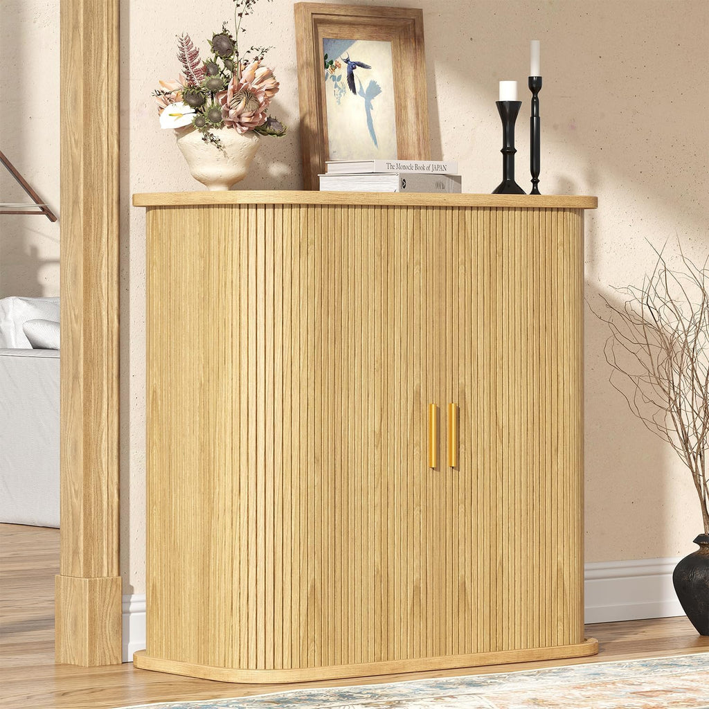 5-Tier Sliding Door Shoe Cabinet, Adjustable Shelves Wooden Shoe Storage with Gold Handle, Mid-Century Modern