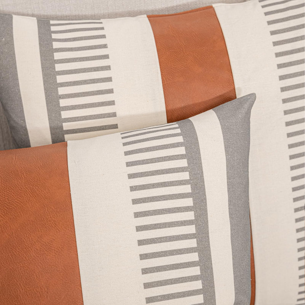 2 Pack 18x18 Inch Pillow Covers - Brown Faux Leather & Gray Stripe Print Soft Cotton Splicing, Same Pattern Both