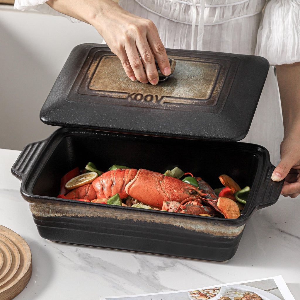 Ceramic Casserole Dish with Lid, Rectangular Baking Dish Set, Lasagna Pans for Cooking, 9 x 13 Inches, Stripe Series