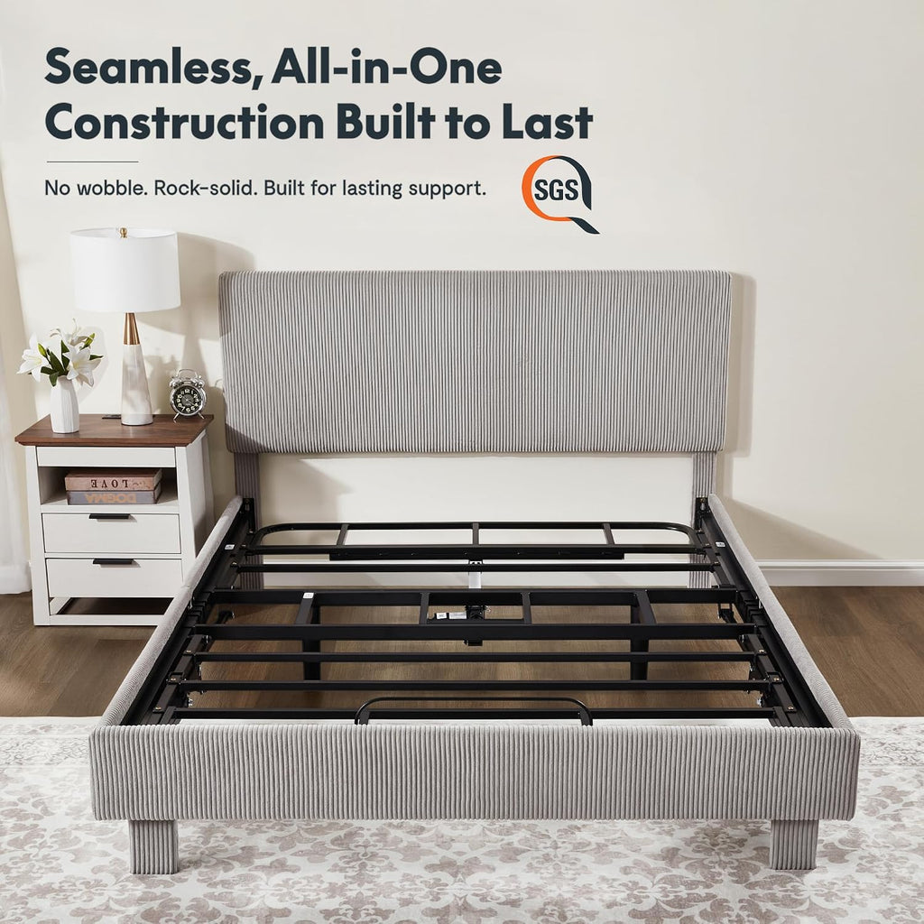 Queen Adjustable Bed with Velvet Upholstered Frame, Light Grey