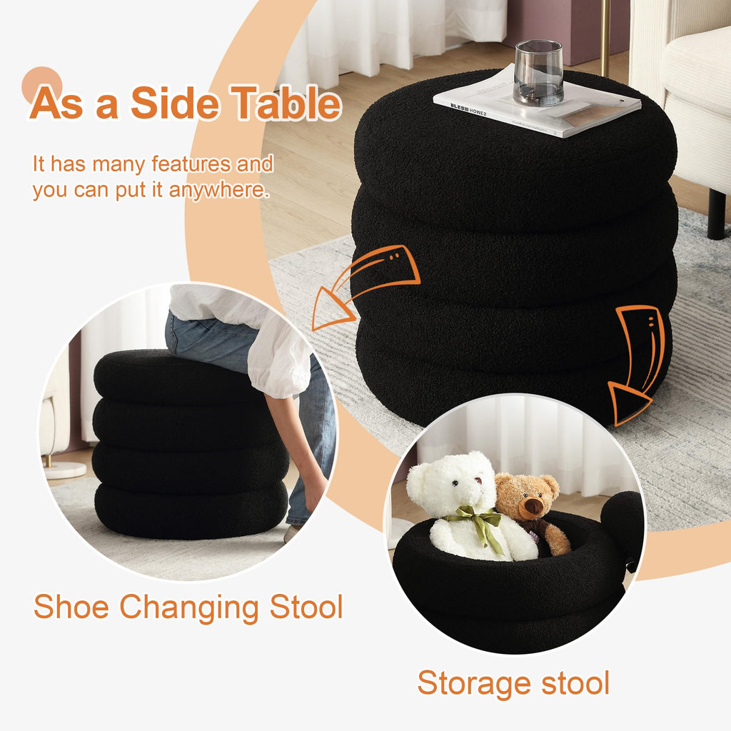 Sherpa Storage Ottoman, Foot Rest Stool Seat, Black Vanity Foot Pouf, Tufted Footstool with Removable Lid
