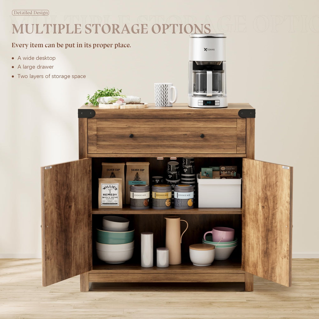 Farmhouse Coffee Bar and Accent Cabinet with Barn Doors, Brown