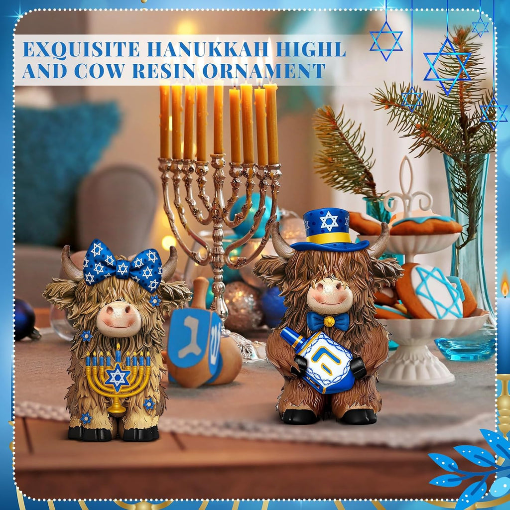 Hanukkah Highland Cow Figurines Decor, Blue Hanukkah Style - Set of 2