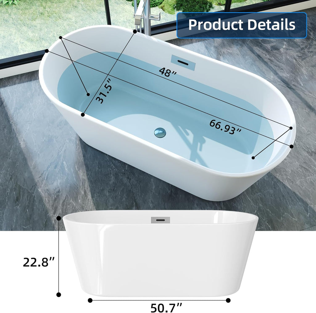 67 Inch Acrylic Freestanding Bathtub, Deep Soaking Tub with Non-Slip Base, CUPC Certified Free Standing Tub, Chrome