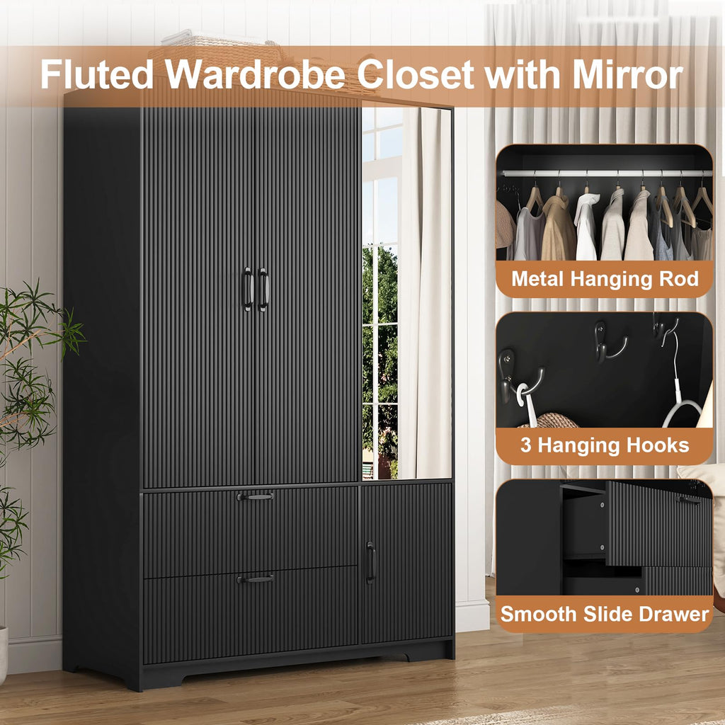 72'' Fluted Armoire Wardrobe Closet with Mirror Door and 2 Drawers, Tall Bedroom Armoire Wardrobe Cabinet with Hanging