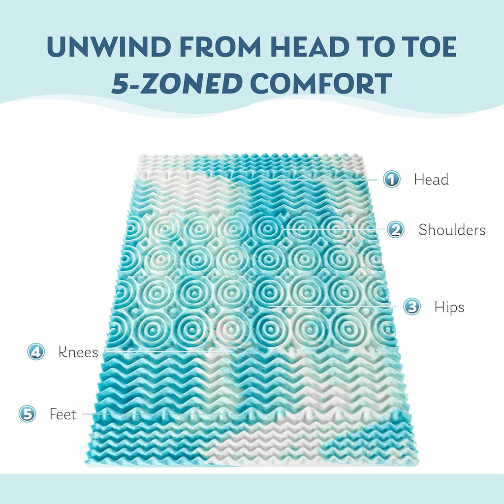 2 Inch Queen 5-Zone Gel Memory Foam Egg Crate Mattress Topper | Cooling Gel Infused Bed Topper for Pressure Relief