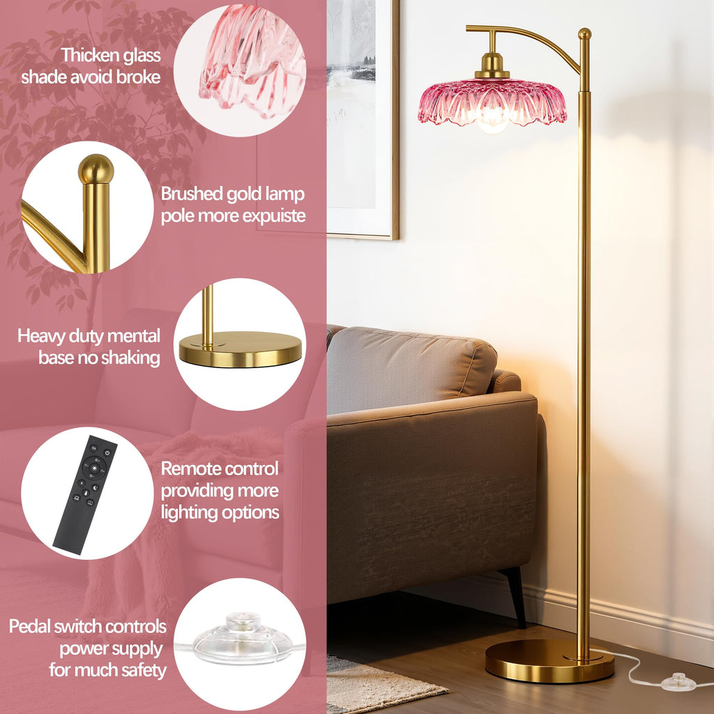 Gold Floor Lamp, Dimmable Mid Century Modern Standing Lamp with Remote Control and Pink Glass Shade, 68" Tall Lamp