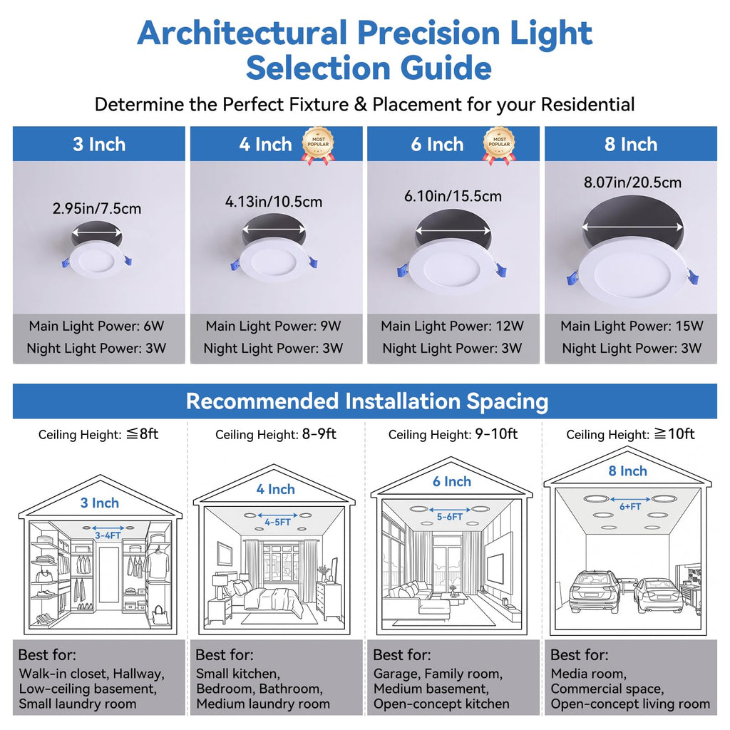 6 Inch LED Recessed Lighting with Night Light, 12 Pack, Dimmable