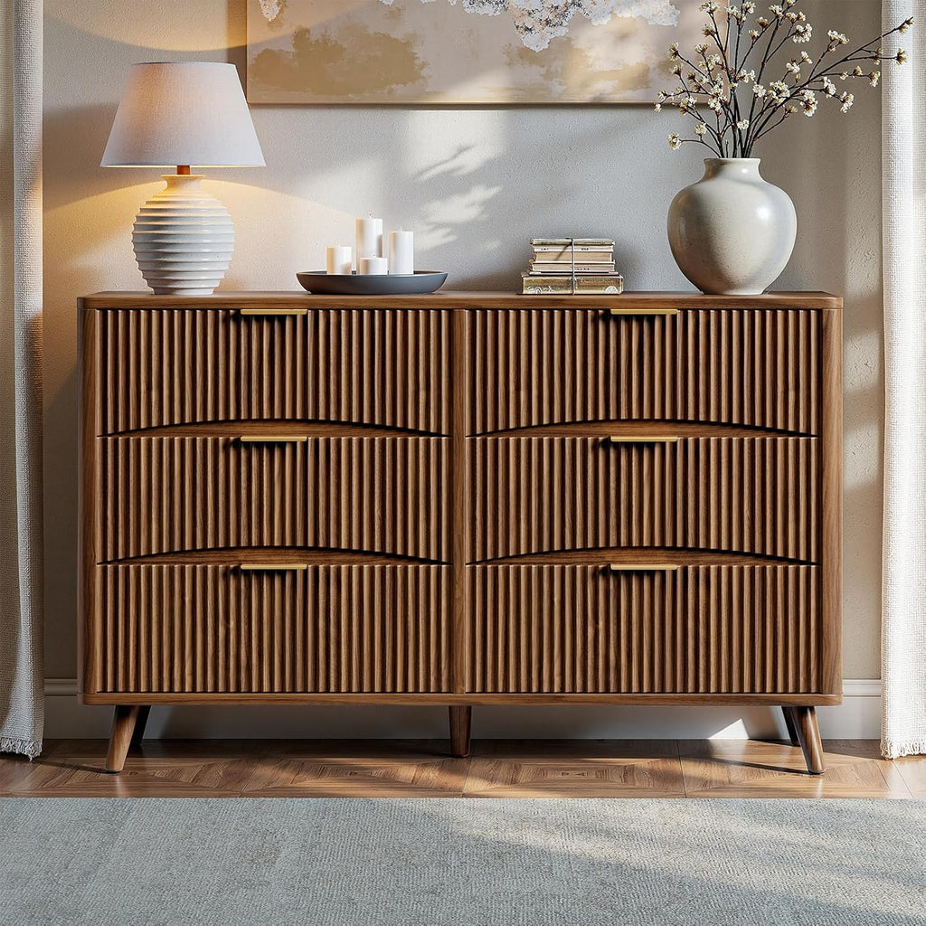 54" Wide Fluted 6 Drawer Dresser, Mid Century Modern Curved Dresser, Light Wood Chest of Drawers , Walnut