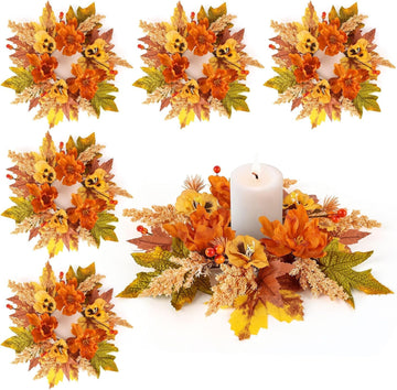 Fall Candle Rings Mini Autumn Floral Candle Wreaths with Berries Table Centerpiece Fall Wreath for Farmhouse - Set of 6