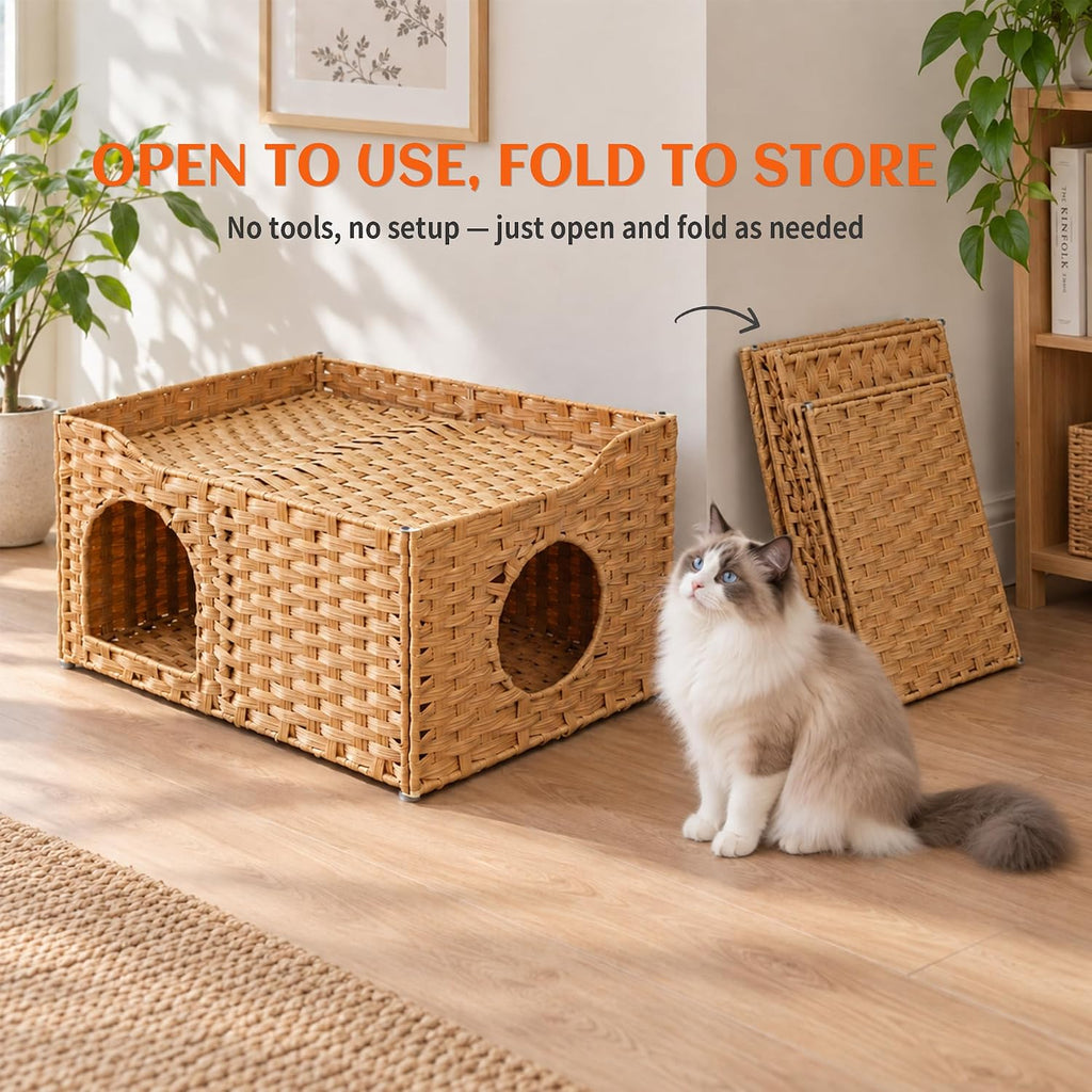Wide Handwoven PE Rattan Cat House, Large Indoor Cave with Cushion