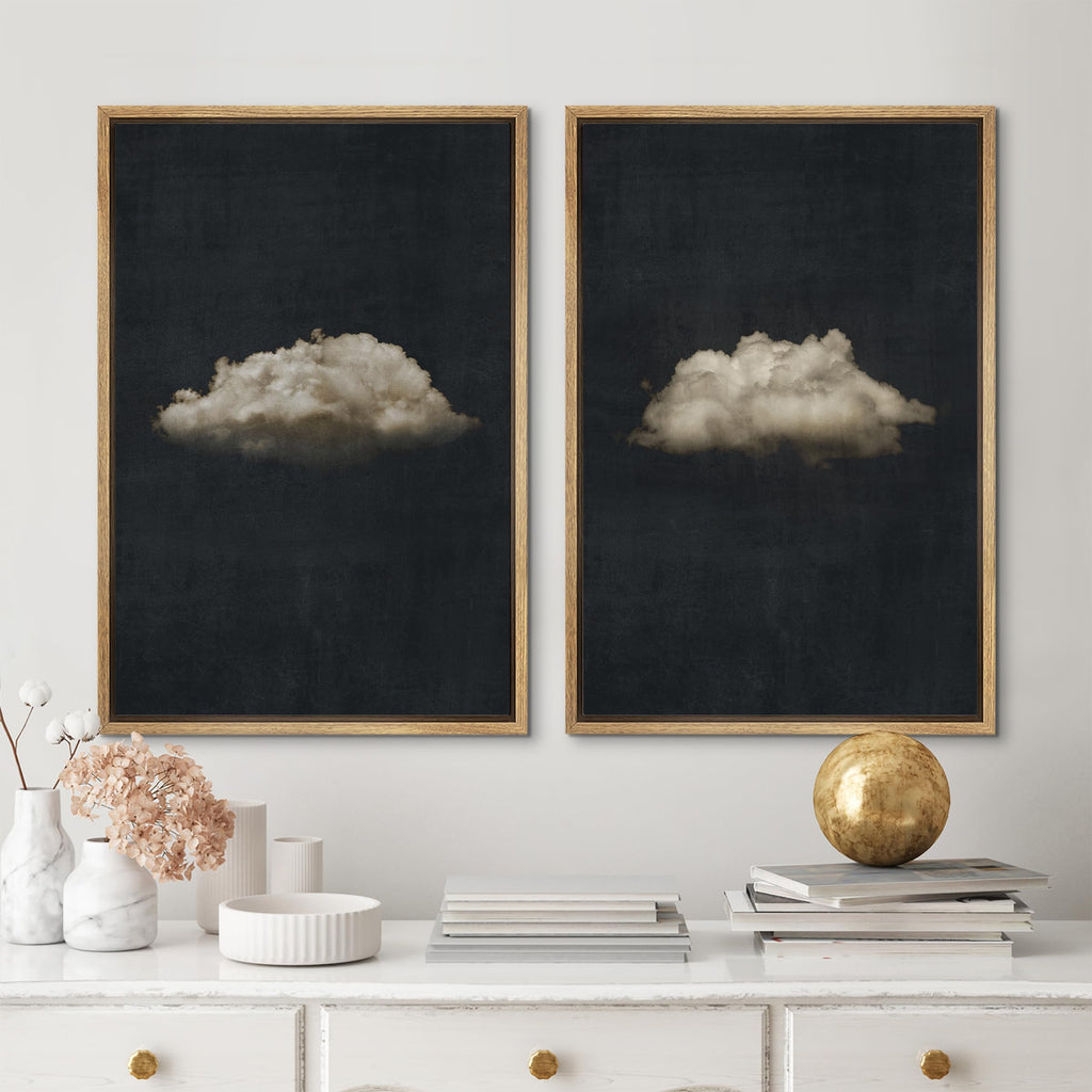 Framed Canvas Print Wall Art Minimalist Cloud on Dark Background, Modern Monochrome Nature Illustrations Modern Art
