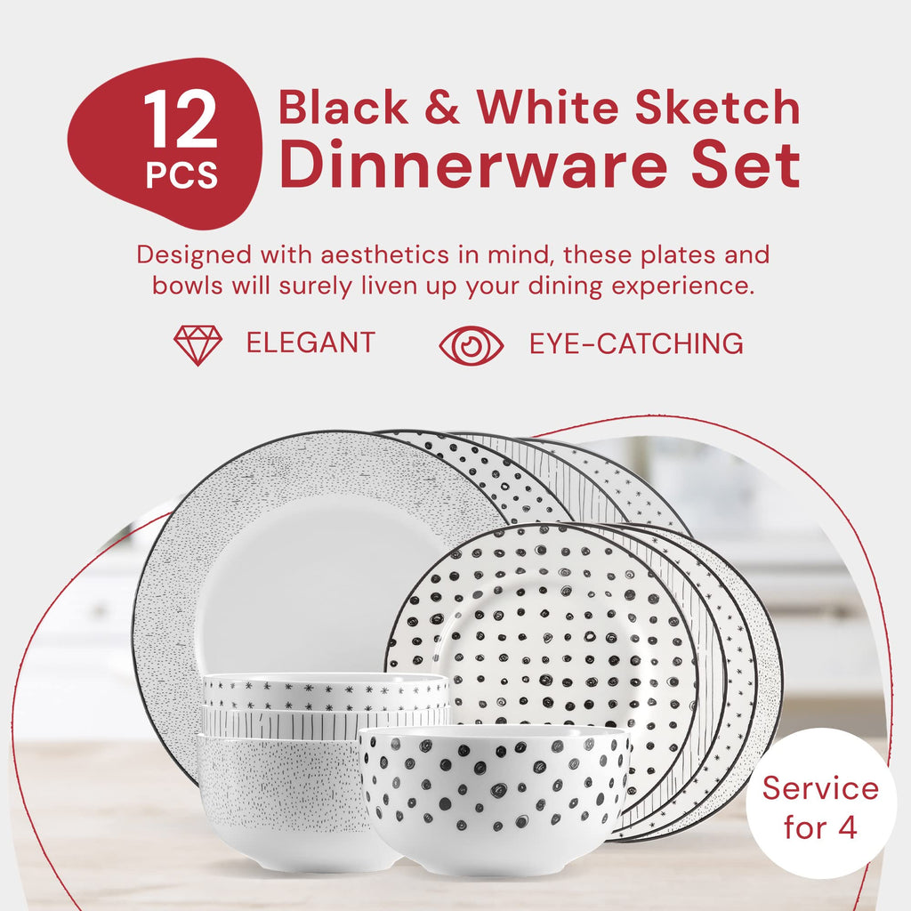 & Co. 12-Piece Black & White Sketch Dinnerware Set, Porcelain, Includes Plates, Bowls, and Serving Dishes, Dishwasher