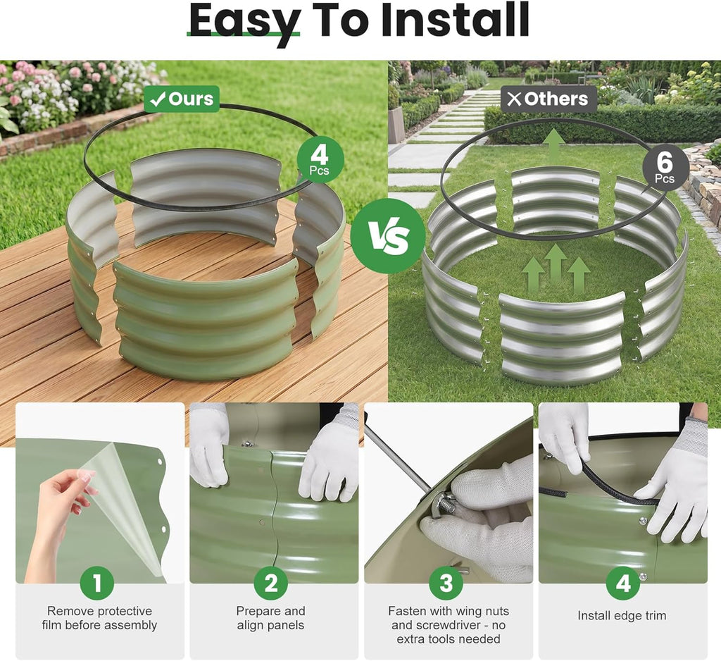 4 Pcs Round Raised Garden Bed Outdoor, 2x2x1ft, OliveGreen | Circle Garden Bed, Galvanized Raised Planter Box for