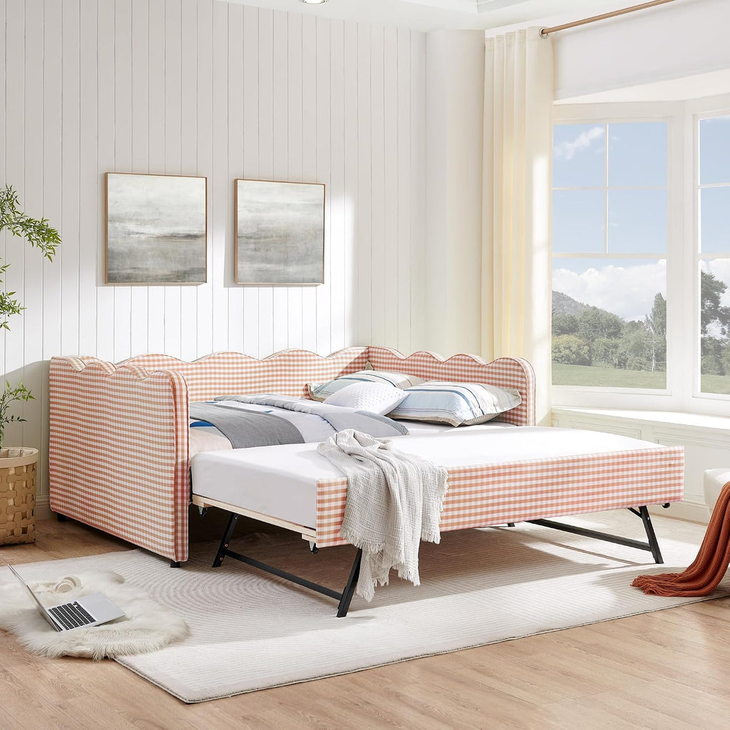 Full Size Upholstery Daybed with Trundle and USB, Full to King Design Adorable Wave Shaped Extendable Linen Sofa Bed