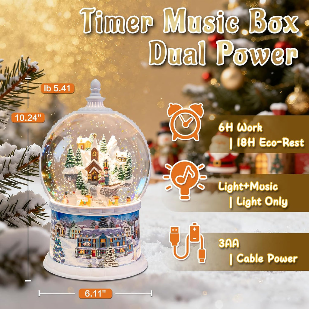 Large Carousel Snow Globe, Lighted Glitter Christmas Village with Santa Elk Sleigh, Musical Snow Globe 8 Songs, 6H