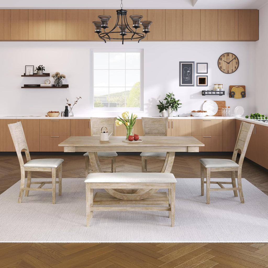 6-Piece Dining Table Set for 6, Farmhouse Kitchen Dining Room Table Set with Recantgle Table and Upholstered Bench