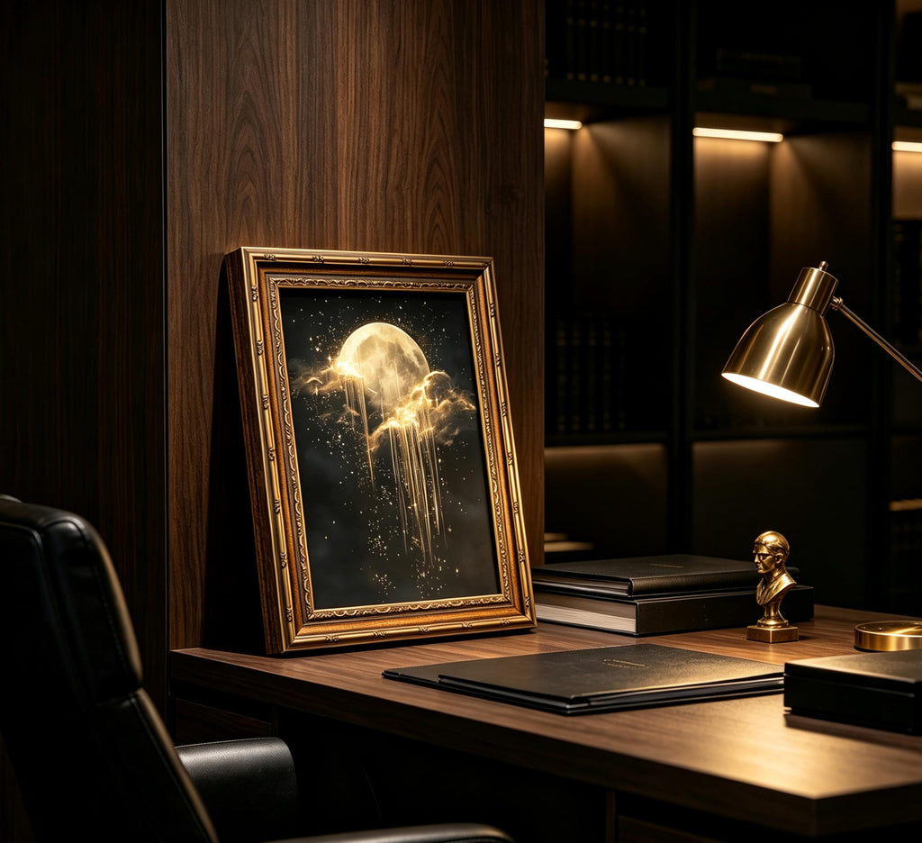 Vintage Gold Framed Moon Cloud Wall Art, Dark Academia Sky Canvas Print