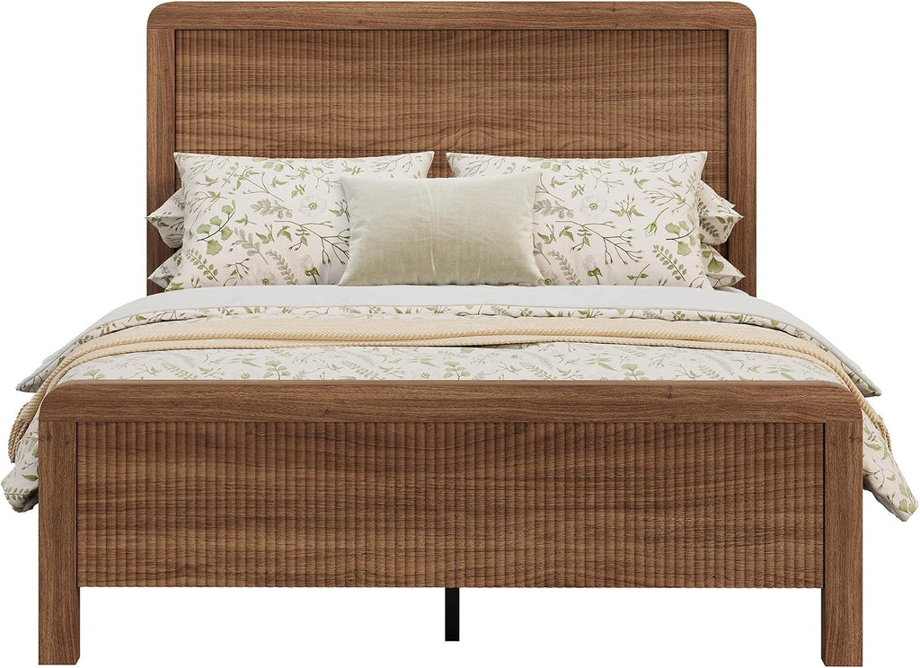 Wood Queen Bed Frame with Headboard & Footboard, Modern Fluted Wooden Platform Bedframe, Easy Assembly, Brown