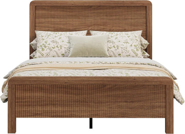 Wood Queen Bed Frame with Headboard & Footboard, Modern Fluted Wooden Platform Bedframe, Easy Assembly, Brown